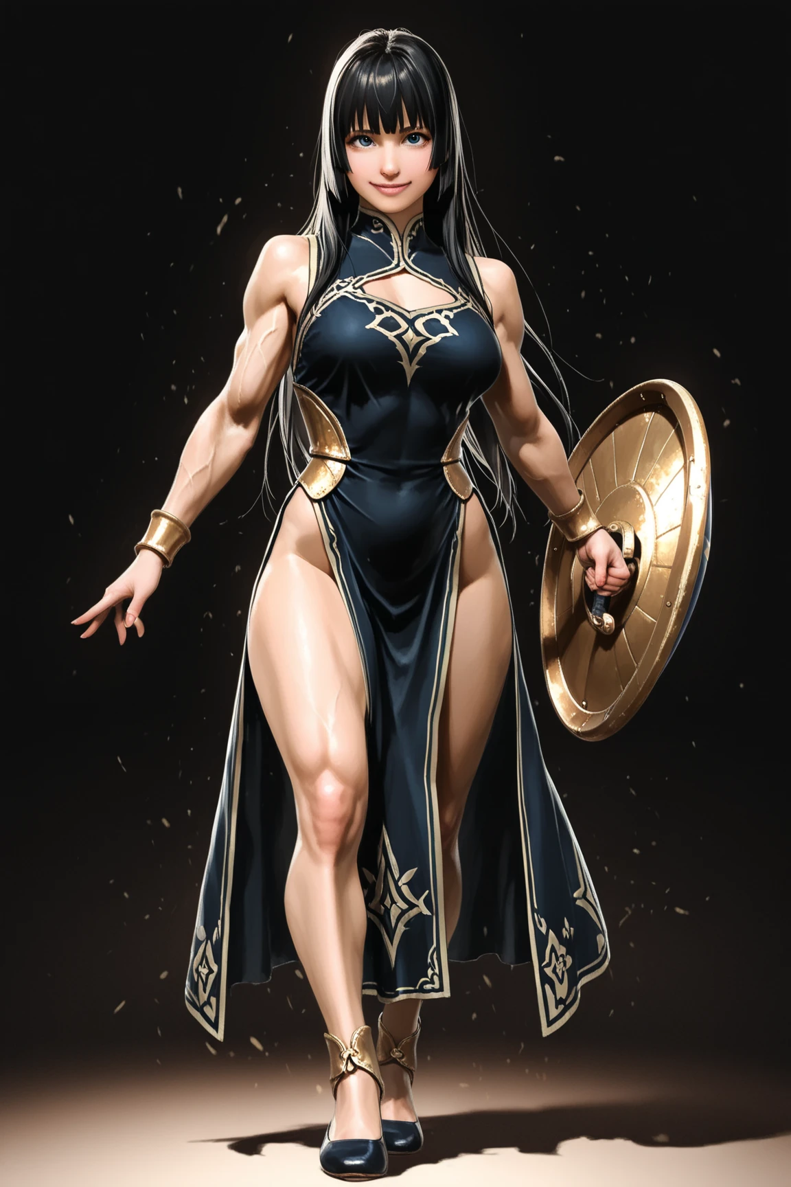 Detailed face, neat face, 8 K, HQ, art station, full body, 9 life, tall, long legs, ponytail, black hair, model standing, right hand on hip, qi-pao, cheongsam, dragon pattern, gold embroidery, blue cheongsam, sleeveless, legs visible through slit, knee-length long boots, black leather long boots, pin heel boots, muscular woman, raised muscles, protruding muscles, Muscular thick neck, split abs, blood vessels protruding from the arms, thick blood vessels protruding from the thighs, model photo session, flaunting muscles, showing off monstrous power, muscular! !! , bodybuilding, holding a weapon in one hand