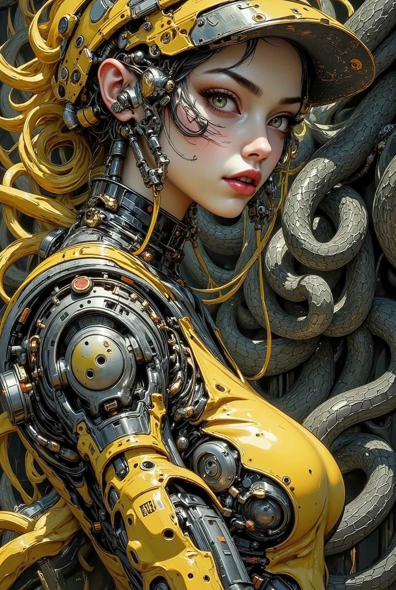 High quality professional illustration of a mesmerizing work of art, a captivating poster combining the styles of Hieronymus Bosch and Hans Rudolf "Rudi" Giger, depicting a space shuttle decorated with numerous otherworldly, metallic, aged elements. The turret displays worn yellow paint, intricate hydraulics, textured corrugation, and fine perforations throughout. Incredibly detailed CG Unity 8k wallpaper depicts a sinister swamp spirit girl in a sharp portrait against a complex backdrop of a black snake forest. The work is reminiscent of hyper-detailed paintings with a fantasy art book cover aesthetic. The scene is set in a swamp, showcasing the girl’s smile, dynamic pose, and swamp mud skin, all highlighted by vibrant green algae. The image captures intricate details with pin-sharp focus and dramatic lighting. Offering a mesmerizing visual experience in 8K HDR resolution. This complex and vibrant composition captures the complexity of the poster, created with extraordinary detail and brightness. The image is displayed in high 4K MP resolution, optimized for stunning 8K display quality. Enhanced color depth and stunning contrast are achieved with advanced High Dynamic Range (HDR) technology, enhancing the visual impact of the illustration.