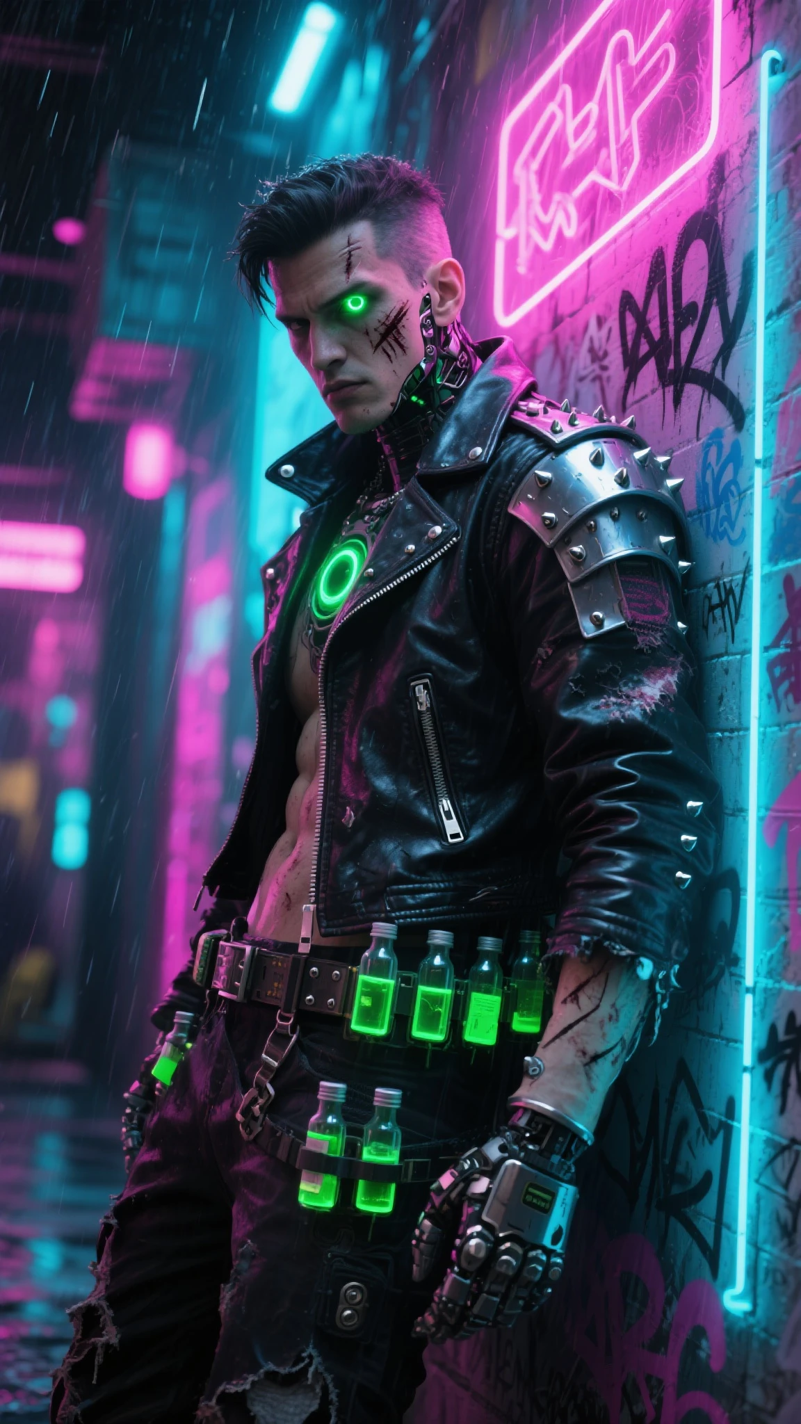 somber portrait of Terminator Joker with intricate angular cybernetic implants inside a brutalist building, gothic brutalist cathedral, cyberpunk, award-winning photo, bokeh, neon lights, cybernetic limb