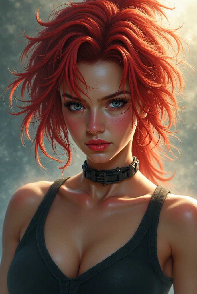 top down view, high angel, digital render of a smirking women, shorts, watercolor, tank top, denim pants, long hair, rugged, upper body, digital art, dark background, orange hair, anime style, amber eyes, messy hair, big eyes, soft colors, intricate detailed, fantasy, concept art, digital art, intricate, masterpiece, expert, insanely detailed, studio lights
