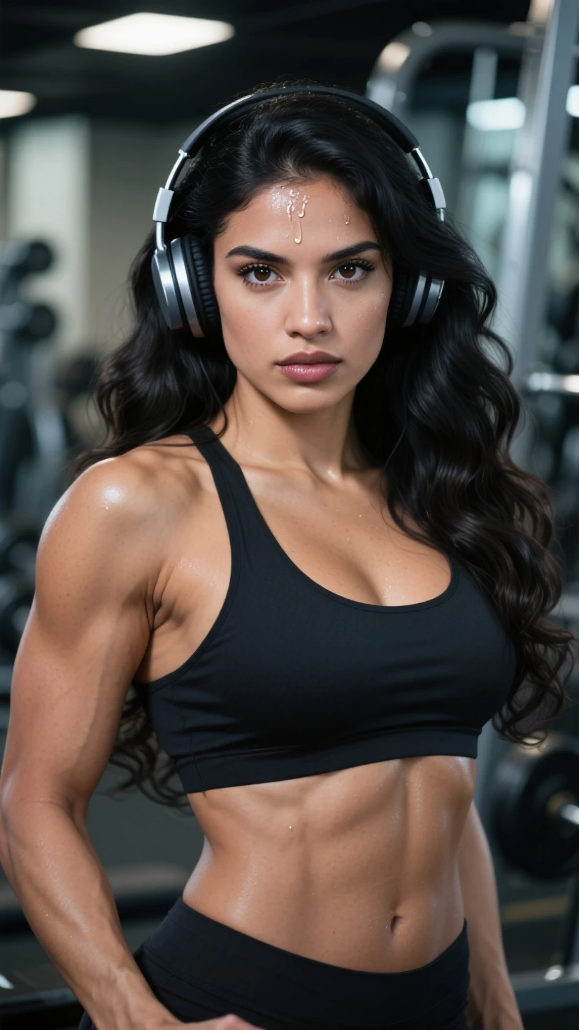 in gym, woman with olive skin tones and long black curly hair is focused on her workout. She wears black gym clothes that highlight her athletic figure.. with determination, She engages in varied exercises, showing your dedication to a healthy and active lifestyle.
