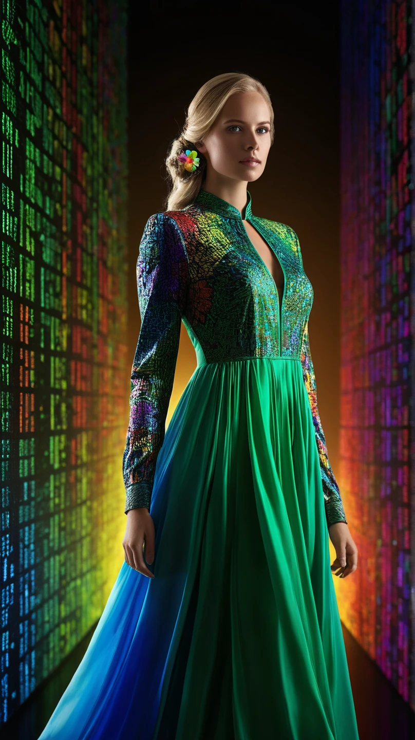 A woman in a flowing green dress stands elegantly in a vibrant, kaleidoscopic space filled with geometric patterns. The background is a glowing array of green hues, illuminated by a bright beam of light radiating from above. The floor is composed of reflective, checkered tiles that echo the intricate designs behind her. She wears black high-heeled shoes, and her dark hair cascades softly around her shoulders, adding to the ethereal atmosphere.