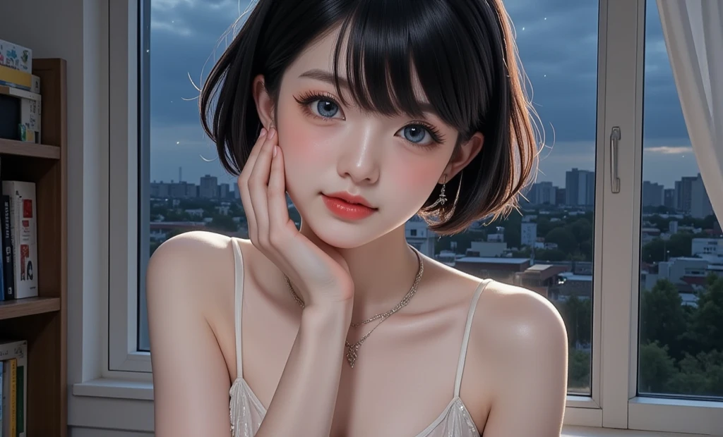 (high quality, 8k, 4K, High Contrast, masterpiece:1.2, 最high quality, Best aesthetics),low angle shot, ((female)),((Sucking a dick:1.5)), ((Background in a dark room:1.3)),((Flat Color)),High Contrast, Contrasting colors, , Pale pink and blue lighting,Small nipples,Black Hair, Red eyes, Looking at the audience, (Cool look), Sleepy eyes, ((Short Hair)) , (Tied Hair), Small star-shaped earrings in both ears, bright eyeshadow, Mature face,necklace,small tits,On the bed