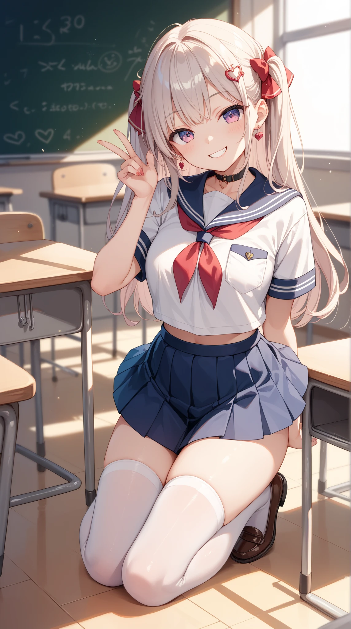 ((1 girl:1.5))、(smile:1.5)、、(cowboy shot)、(fun!!)、(white cardigan:1.5)、(dog ears)、(silver hair)、blush、(long hair)、(eye highlights:1.3)、blake black shoes,(黒いskirt:1.5)、bow, button, shirt with collar, long sleeve, ((red bow tie, ,, white shirt, チェック柄のskirt:1.5、white socks)),, shirt,, skirt, socks, thighs, white shirt, Rest indoors, ((classroom:1.5))、 BREAK while watching the audience、 (perfect hands, perfect anatomy),cowboy shot、(skirtlift:1.3),(highly detailed white panties:1.3)、(highly detailed panties:1.3)、、(skirt that rolls up:1.3)、(fully exposed panties:1.5)、light blue eyes