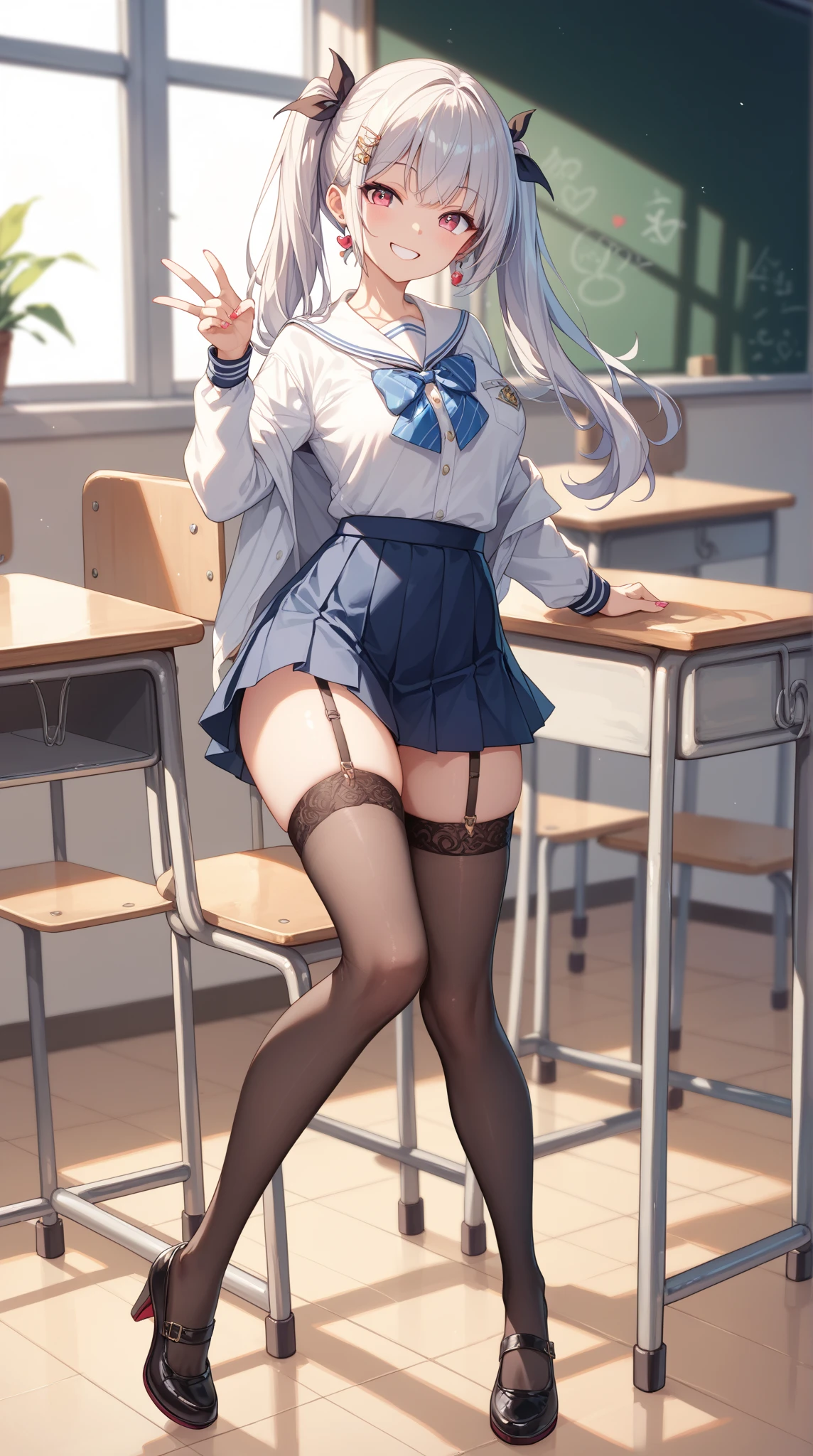 nsfw,((Biologically correct limb count)),(( From head to toe,Full-body photo including face)),4K,((Standing position)),masterpiece,((Focus on the face)),((Symmetrical facial features)),Eyes with detailed description,Beautiful woman,Great style,Beautiful arms,Beautiful legs,Beautiful Hands,(Small Ass,Thin thighs),Facial detailing,Small earrings,necklace,(Latex sailor suit,mini skirt((High heels,Patterned stockings))),((Taking a class in a school classroom)),,Realistic photo,Stand at an angle