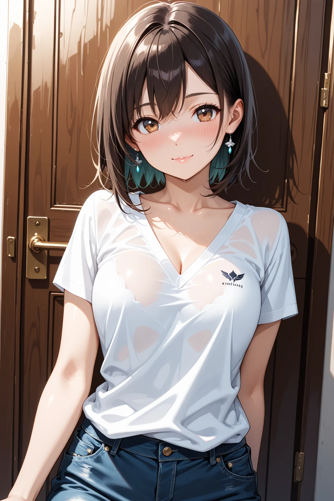 Highest quality,8K,High definition,Cute like a little sister,Dark brown bob hair,navel,White blouse,See-through bra,(Checked mini skirt),White panties、Panty shot,Going to school,