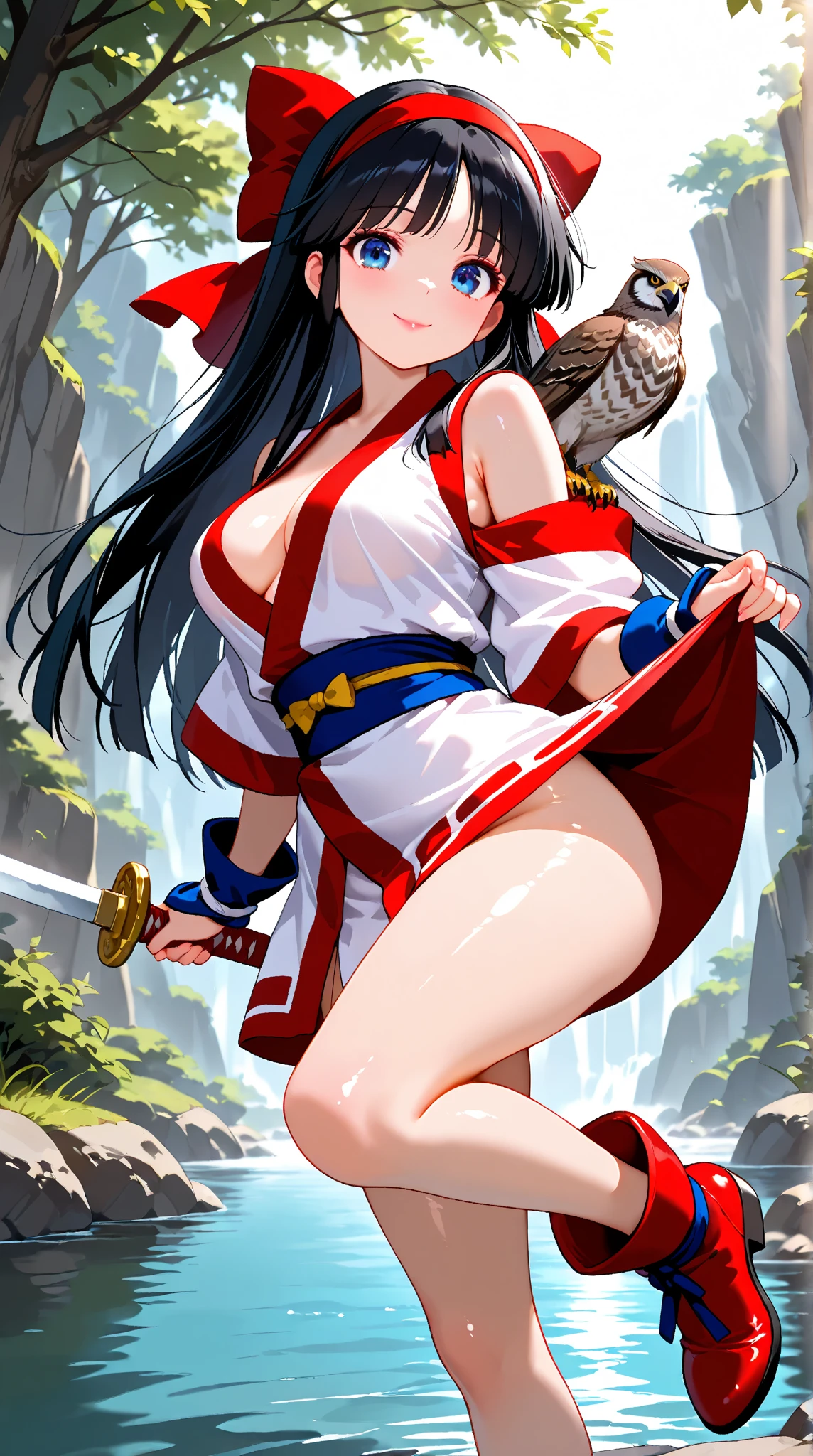 Close-up of woman in bikini holding a stick, Masamune Shiro, Mai Shiranui, style of Masamune Shiro, Yoko Matsugane as Mai Shiranui, big, 2 areola