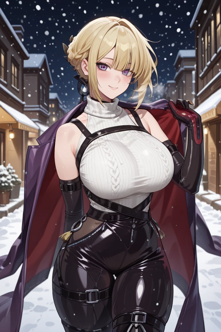 masterpiece, high quality, extremely detailed, 1girl, solo, Yae Miko, (huge breasts:1.7), (((pink hair, long hair, crossed bangs, slit pupillue lips, (((omegaf bodysuit, elbow gloves, black gloves))), ((yandere trance, evil smile), closed mouth), ((hands on own hips, london, winter, snowing, night))