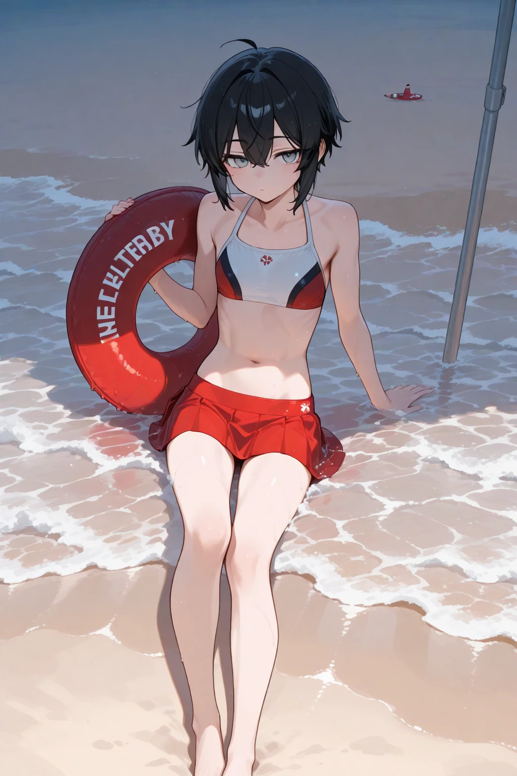 My sister has short black hair, red eyes, wearing a black bikini, angry face, at the beach, cute, beautiful, has abs, focus on the face, wearing a swimming float.