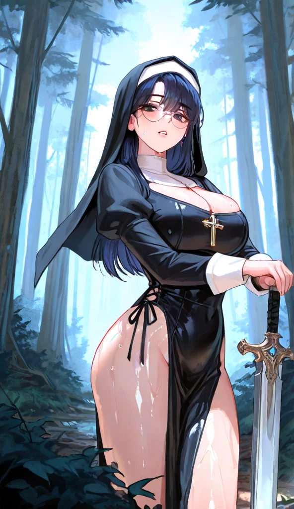 (forest, dark atmosphere), solo, ((((1 girl)))), very long hair, black hair, angry, yellow eyes, (((((muscular))))), (huge tits), (thick thighs), (wide hips), pale skin, (((((priest))))), standing, slick hair