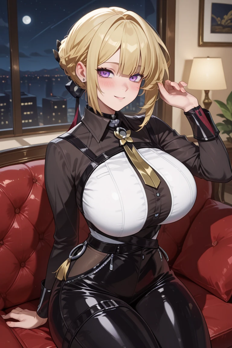 1girl, Arisa ichigaya, x hair ornament, blonde twintails, (bodysuit), sexy body, large breasts, sitting on bed, thighs, crotch