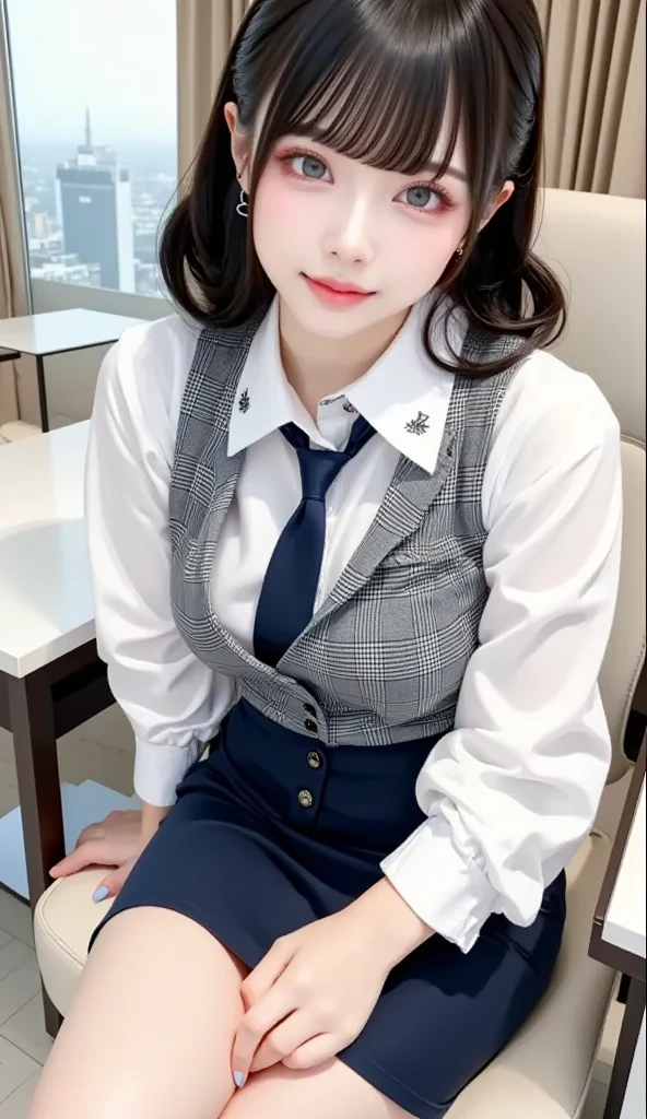 (masterpiece: 1.3), (Maximum resolution: 1.2),Cinematic Light, 8k resolution, Detailed facial features , (Sharp focus: 1.2), (Focus on the face:1.2),Perfect Style, Beautiful Face, Acura, Anatomically correct, Highly detailed face and skin texture, Beautiful Eyes,Beautiful Eyes, Natural Cheeks, Glowing Skin, Fair skin: 1.2, (Glossy Lips: 1.4),、 (Embarrassed look: 1.2),Highly detailed face and skin texture, Beautiful Eyes, double eyelid, Natural Cheeks, , Glossy Lips: 1.4、office、company、desk、Big Breasts、Stockings Long Hair、21 years old, Clean woman,1 person、companyで、、Blonde、short hair、Dark blue eyes、(Pleated mini skirt),((Checkered clothing)))