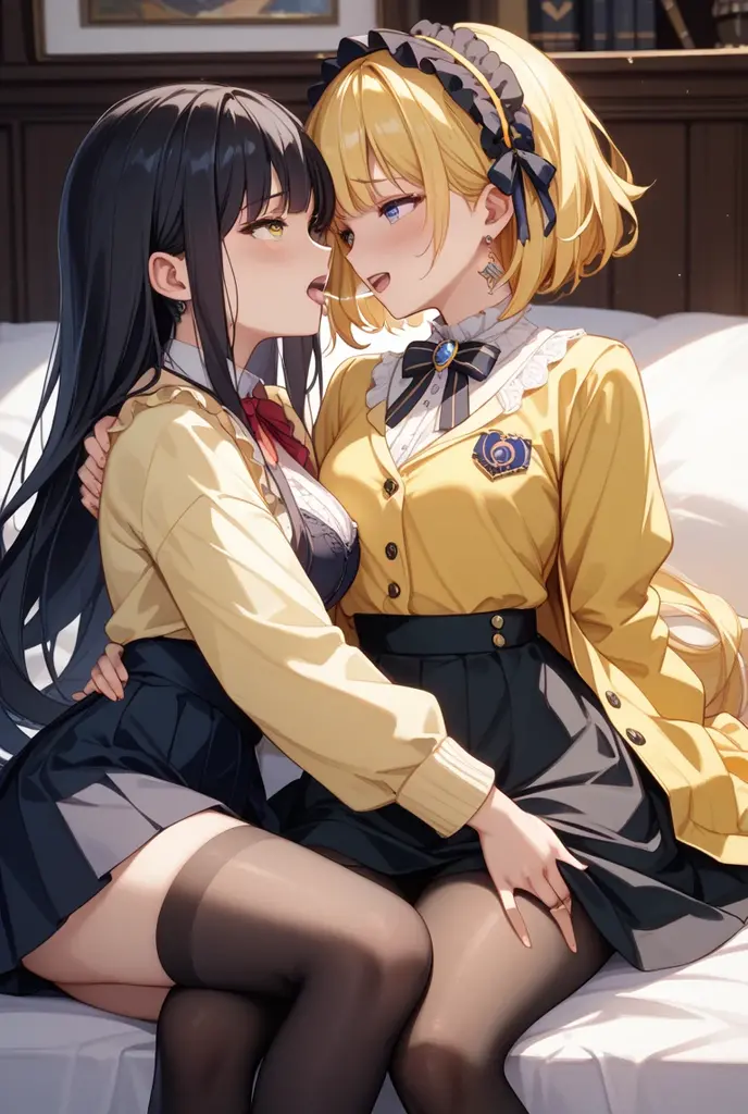 masterpiece, best quality, 3 girls, random hairstyle, on bed, lying, small breasts, medium breasts, huge breasts, blazer, lingerie, round eyes, skirt, blouse, white shirt, selfie, hug, kiss, from above, moonlight, vignetting, fingering,