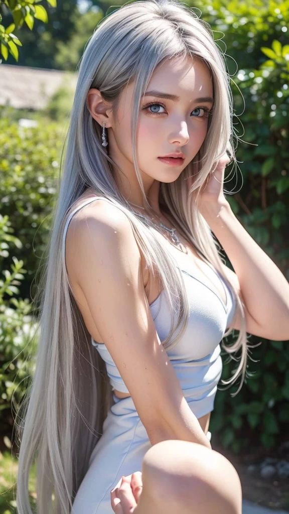 20 years girl,masutepiece , Best Quality,Nahida(GenshinImpact) ,very slender body,tiny chest,Skinny Legs,Long hair ,Side Ponytail, Hair Ornament ,Street, White hair , White hair , hand behind head:1.5,multicolored hair, elf ,Skinny Legs,smil,Tsundere,