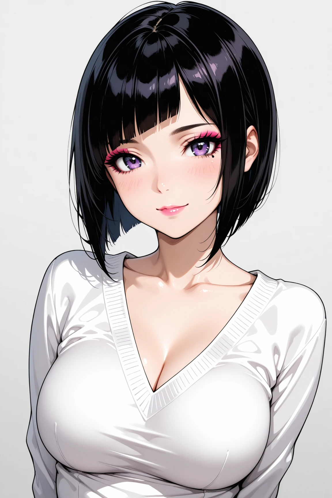 1 girl, milf, black eyes, cutie short hair, black hair, black choker, very Short hair, tied shirt, armpits, lipstick, portrait, smile, lipstick, medium breast, short tube skirt, office background