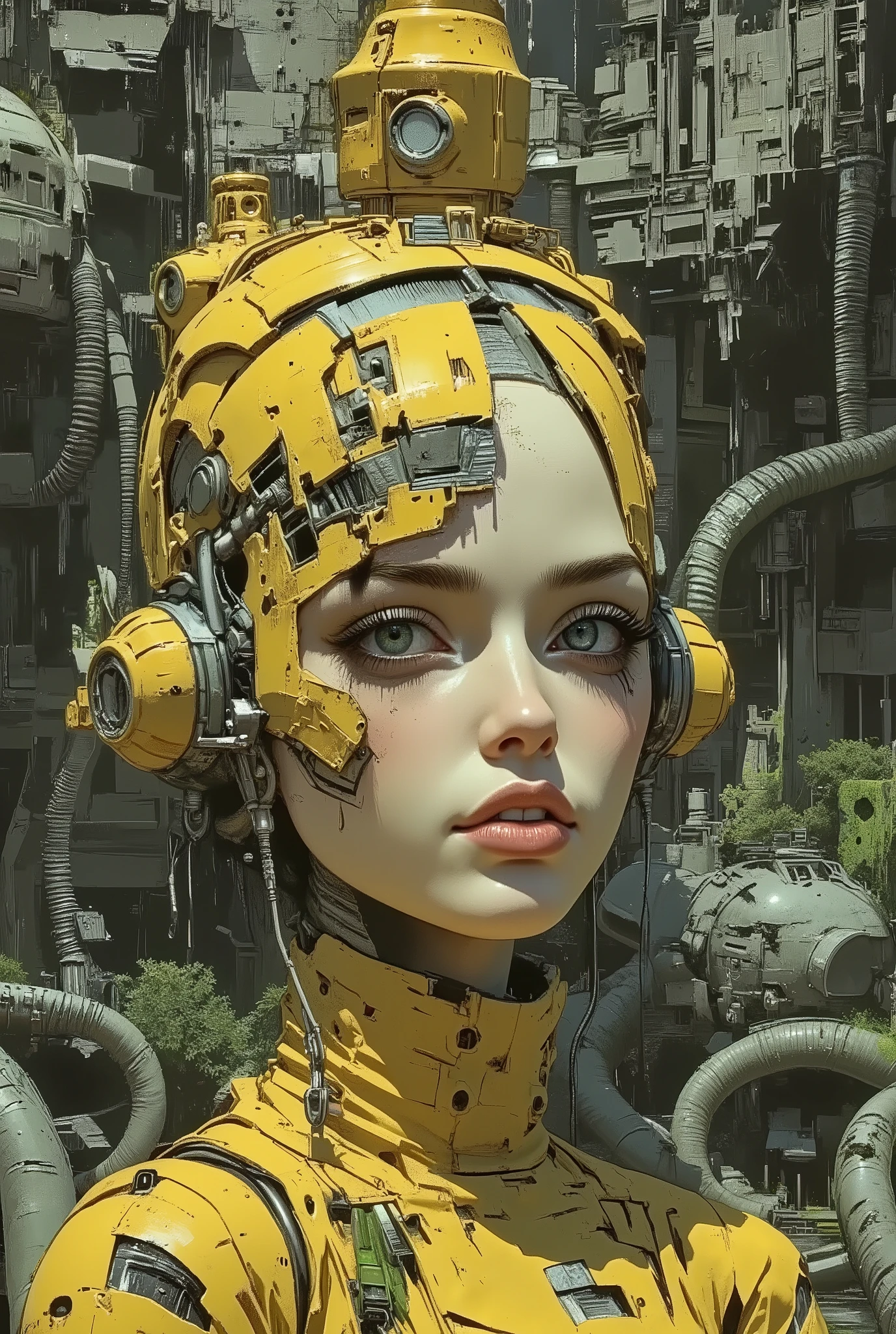 High quality professional illustration of a mesmerizing work of art, a captivating poster combining the styles of Hieronymus Bosch and Hans Rudolf "Rudi" Giger, depicting a space shuttle decorated with numerous otherworldly, metallic, aged elements. The turret displays worn yellow paint, intricate hydraulics, textured corrugation, and fine perforations throughout. Incredibly detailed CG Unity 8k wallpaper depicts a sinister swamp spirit girl in a sharp portrait against a complex backdrop of a black snake forest. The work is reminiscent of hyper-detailed paintings with a fantasy art book cover aesthetic. The scene is set in a swamp, showcasing the girl’s smile, dynamic pose, and swamp mud skin, all highlighted by vibrant green algae. The image captures intricate details with pin-sharp focus and dramatic lighting. Offering a mesmerizing visual experience in 8K HDR resolution. This complex and vibrant composition captures the complexity of the poster, created with extraordinary detail and brightness. The image is displayed in high 4K MP resolution, optimized for stunning 8K display quality. Enhanced color depth and stunning contrast are achieved with advanced High Dynamic Range (HDR) technology, enhancing the visual impact of the illustration.