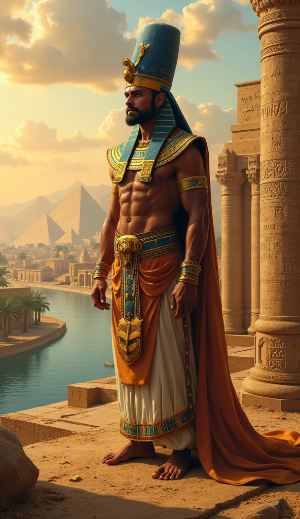 Create an image of Pharaoh Necho II, the powerful ruler of Egypt during the late 7th century BCE. He stands confidently in the foreground, wearing the traditional Nemes headdress, adorned with a cobra and decorated with gold and blue lapis lazuli. His attire includes a shendyt kilt and ornate pectoral jewelry, symbolizing his royal status. Behind him, depict the grand Nile River with warships preparing for battle, reflecting his naval ambitions. In the distance, include the ancient city of Memphis with towering obelisks and bustling activity. The scene should convey both the majesty and military might of Necho II’s reign