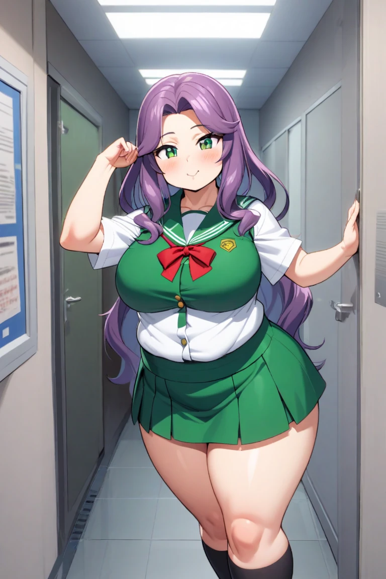 ((masterpiece,best quality)), caroline\(stardew valley\), long hair, Green hair, green eyes, @_@, medium breasts, Blue blouse, brown long skirt, shop, behind Cash register, indoors, chubby, mom body, wide thighs, sexy, stardew valley