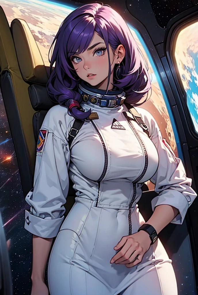 Beautiful mature woman,(High resolution,8k wallpaper,masterpiece,Highest quality,Depth of region,Anatomically accurate depiction),((女性universe飛行士:1.5)),(universe服),(Purple eyes,Large Breasts,),background:universe,(爆発するuniverse船,ビームを打つuniverse船,laser,universe艦隊),cockpit,(((universe戦争)))