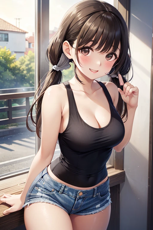 (8K、Highest quality、highest quality、masterpiece)、Detailed face、One girl、 Black Hair、short hair、twintails、blunt bangs、Grey Eyes、evil smile、((Grin))、Small breasts、((camisole))、((denim skirt))、Cowboy Shot、((bent over))、Back Alley Background、Very large breasts