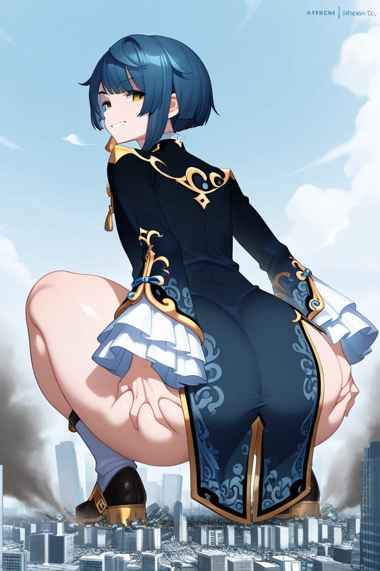 ultra-detailed,(best quality),((masterpiece)),(highres),original,extremely, <lora:xianglingx_xl:1>ï¼(\xiang ling\), 1girl, xiangling \(genshin impact\), solo, ass, blue hair, braid, gloves, smile, looking back, shorts, fingerless gloves, hair ornament, looking at viewer, dress, hair rings, from behind, yellow eyes, blush, hairclip, short hair, bare shoulders, sleeveless, chinese clothes, short shorts, thigh strap, thighs, twin braids, china dress, clothing cutout, leaning forward