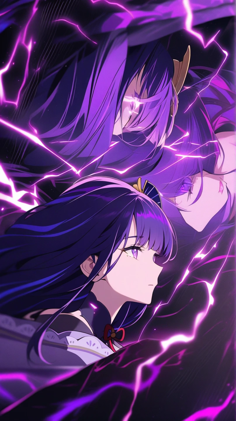 Low angle photo of Raiden Shogun, lightning crackling around her, static in the air, eyes glowing purple