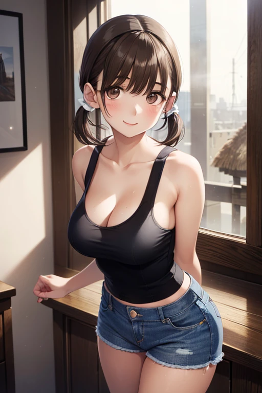 (dynamic angle:1.3, front view:1.1, breast focus:1.3, from below:1.2), (dynamic posing:1.2, sexy posing:1.2), (seductive smiling:1.3), highest quality、(real、photorealistic:1.4),(ultra high resolution, 8K RAW photo, clear focus), best qualtiy, natural lighting, field depth, (Bright pupils, detailed beautiful blue eyes, high detailed face), (tight focus:1.2), a girl 28yo old, Thicc, thin breast, long hair, blue eyes,garter stocking, cleavage:1.2, midriff, black shorts, black thighhighs, thigh strap, pretty girl, (highly detailed beautiful face and eyes,firm breasts),real skin,((black,hair,long pony tail hair)),thin pubic hair,cute,lovely, detailed eyes,(double breasted:1.0,under bust:1.0),(with sparkling eyes and a contagious smile),soft open mouth, Looking at Viewer,
