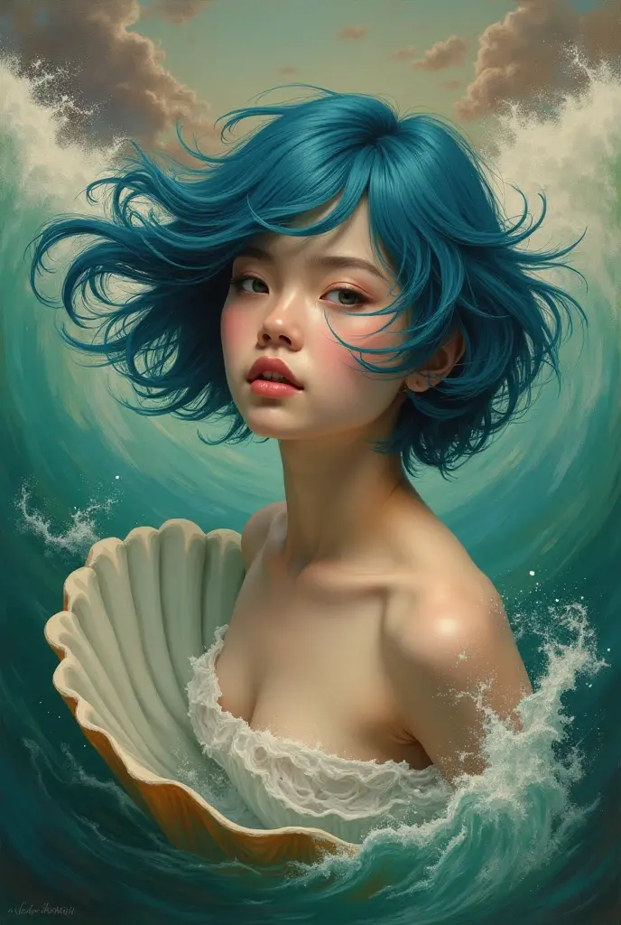 Birth of Venus reinterpreted with a woman with short, colored hair