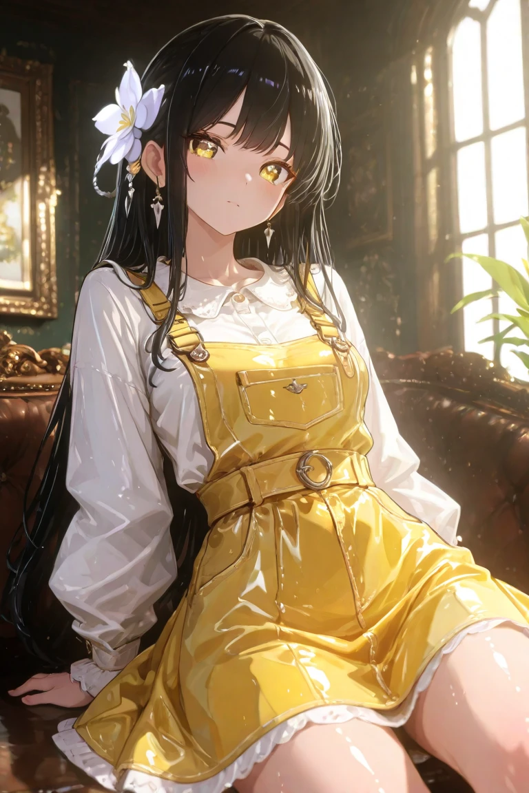 This illustration shows a cartoon style virtual character，Overall Style HD 3D Render，Tone Fantasy、[picture：
	• 心情和posture：Black hair，Big 
 • Emotion and Action：posture、展現生動皇族posture ，Stimulate Love and King
 • Eyes  ：big eyes、White Iris，shiny。

wearing a skirt high-waisted classic dress
 • Accessory colors：Overall Color Yellow Represents  ，Style Elegant。
	   • Background    & environment：Royal Family