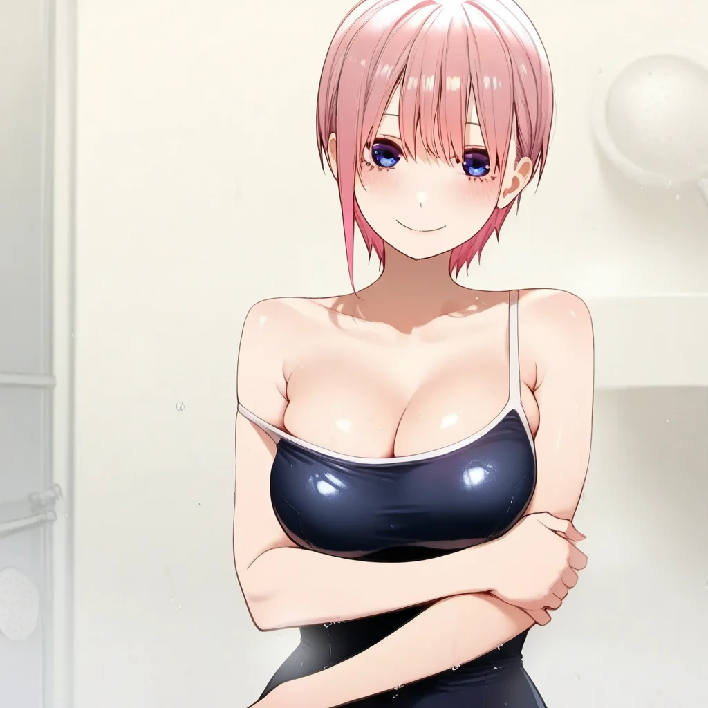 1girl, elegant erotic beautiful girl, big breasts, ((short pink hair)), maxi dress, adultery, indecent, vulgar, Ichika Nakano, intricate details, delicate facial features, beautiful blue eyes, ulzzang, long eyelashes, small nose, full lips, porcelain skin, natural lighting, warm color palette, chiaroscuro lighting, dramatic shadows, sensual, alluring, mature themes, artistic, dreamlike, ethereal, ((arms behind back)), sideboob, cleavage, looking at viewer, ulzzang, (blue eyes), portrait, cute overload, looking at viewer, sexy, sumbissive, wanting, alluring, thick thighs, thigh highs, standing, contrapposto,