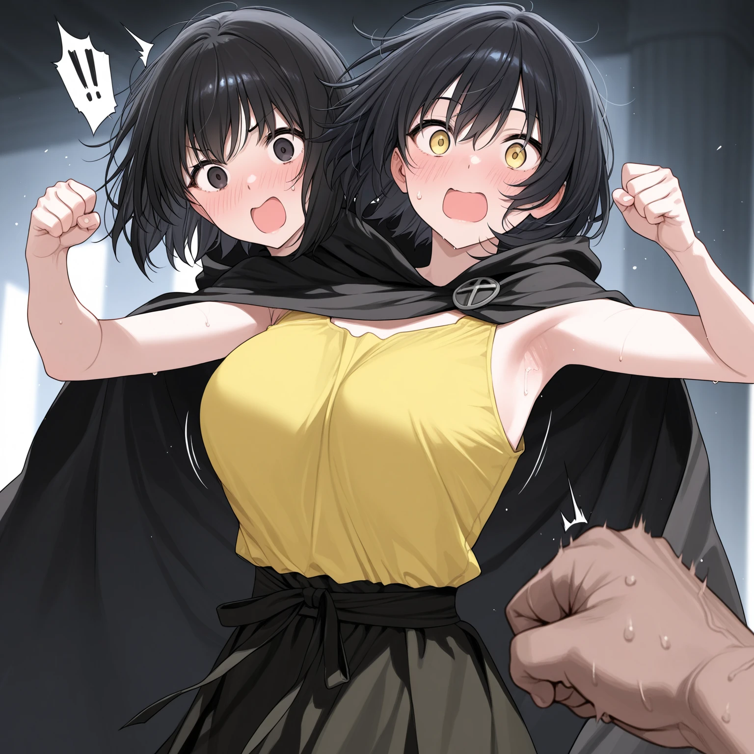 adult couple, scared, half naked, covered by a blanket, yelling 