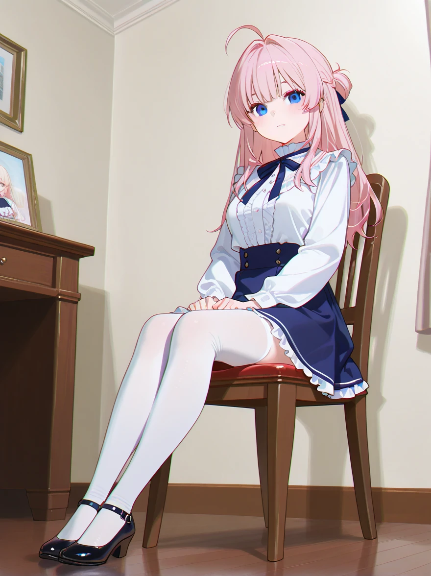 、Pink Hair、Spread your legs、I can see her pantieedium Hair、、Pale blue eyes、Head to toe full body、Blushing、Embarrassed look、Composition from the front、A view from slightly below、Sit facing forward、No shoe-shaped legs、squat、Spread your legs in an M shape、Grab my leg、、、blazer、White blouse、Navy blue ribbon、Short pleated skirt、White panties、black pantyhose、(black_pantyhose):1.2)、White panties are visible、bedroom、Inside the room、Daytime、Panty shot、Staring at the audience、Thin legs、Thin thighs、Slim toe、Squatting on the stairs