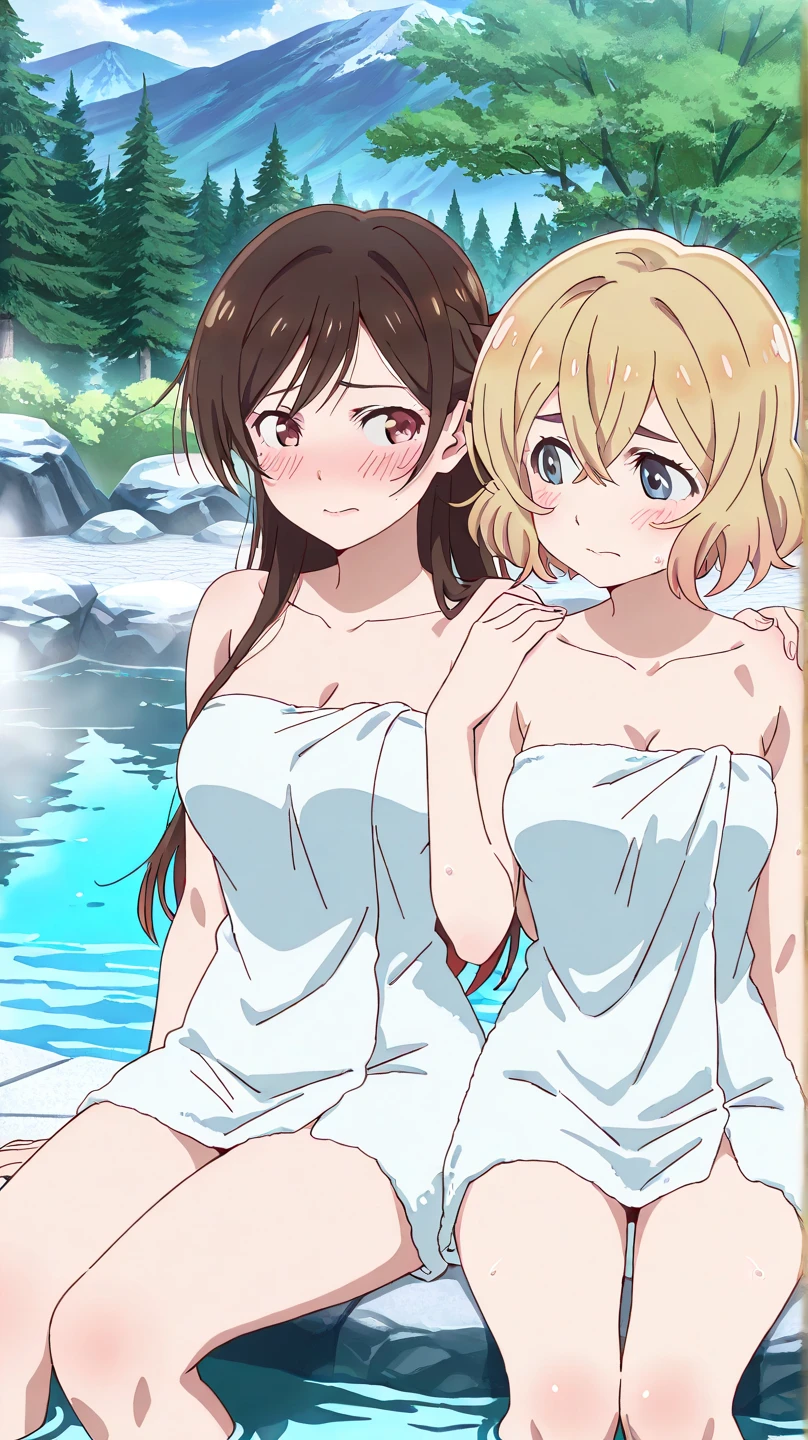 Outdoor,(night),Near hot springs,steam,Rika Jougasaki,Yellow and orange hair hoop, orgasm, blush,(naked),Small breasts,((1boy,paizuri,breast squeeze,breast grab,breast in 1penis,)),View your viewers,Looking up,