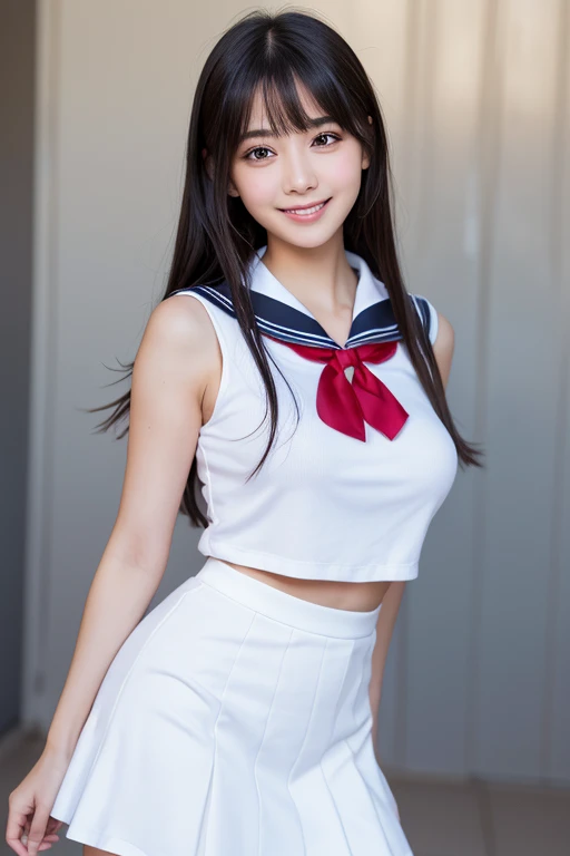 1 girl, in a brightly lit room, standing confidently with a radiant smile and sparkling eyes. She is dressed in a charming outfit consisting of a short white skirt and a stylish belly cut shirt. The skirt accentuates her slender figure, while the shirt highlights her toned midriff. The girl's captivating beauty is enhanced by her adorable smile and captivating eyes, drawing the viewer's attention. The composition captures her youthful energy and showcases her delightful presence.