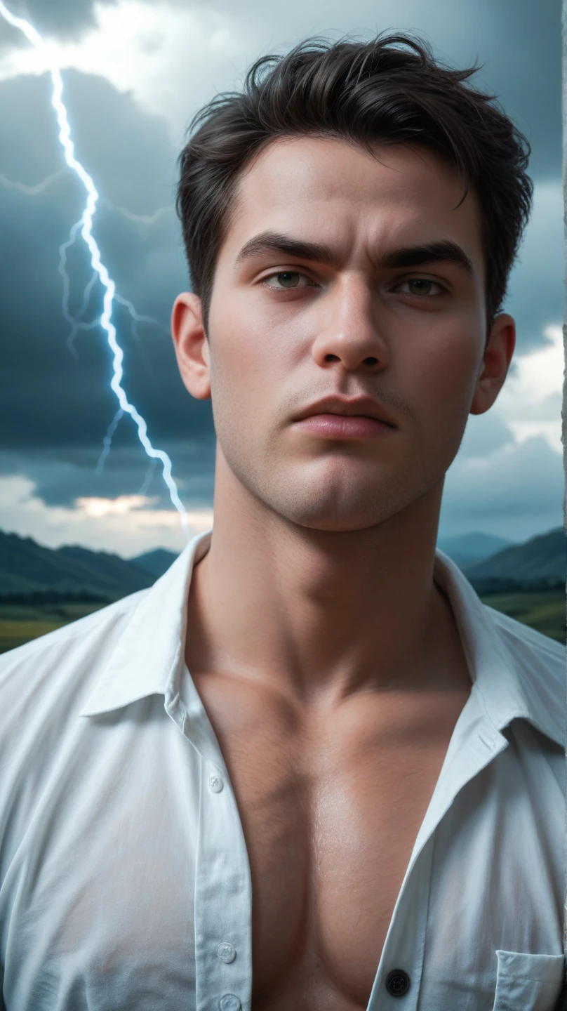 A picture of a man with his hand on his left chest looking like he's having a heart attack.,Get down on your knees.,There are tears.,Wear black like a rocker.,The background is a black sky with lightning strikes.,The camera angle looks diagonally up at the sky.