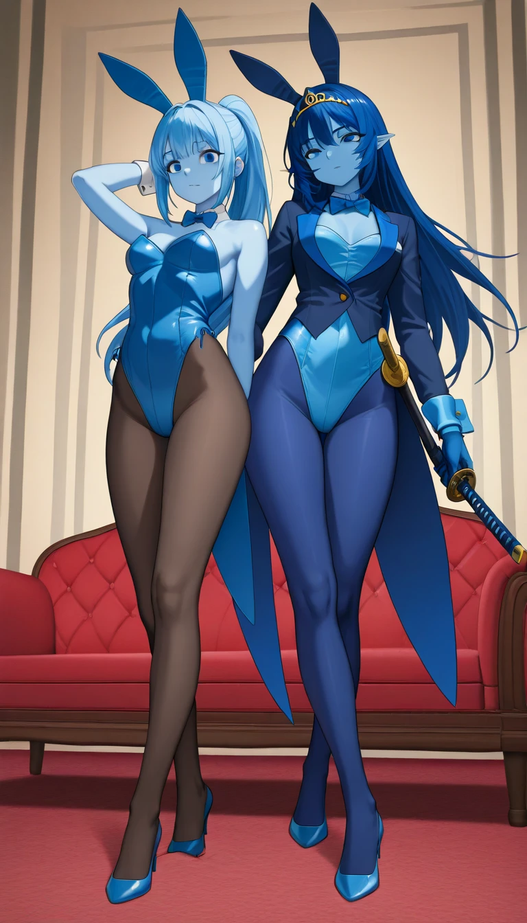 masterpiece, best quality, CG, wallpaper, HDR, high quality, high-definition, extremely detailed, drow, colored skin, dark elf, blue skin, grey skin, pointy ears, long hair, chibi, red cheeks, sweat 😓 (happy smile closed mouth) Body position: Standing, straight, symmetrical, barefoot, Lustful smile on face with red blush, 2 girls who gets married and stands in front of many people, kissing, purple skin drow elves