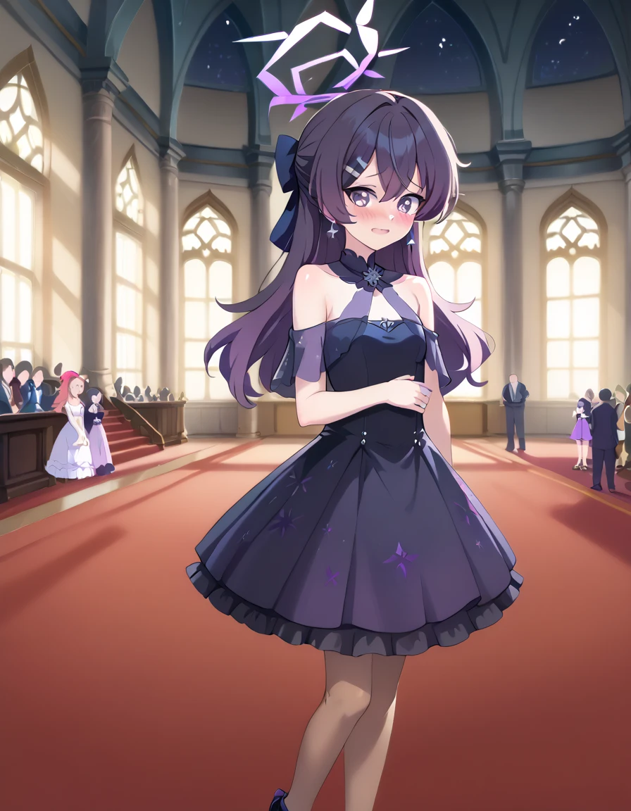 highly detailed, high quality, masterpiece, beautiful, anime style, score 9, score 8 up, source anime, best quality, amazing quality, very aesthetic, high resolution, ultra-detailed, newest, scenery, depth of field, scenery, high brightness, high contrast, (upper body, cowboy shot, pov:1.1), 
BREAK 
haruka \(blue archive\), , long hair, purple hair, earrings, a hairclip, hair ribbon, purple eyes, small , halo, 
(haruka-dress, purple dress:1.2),  shoulders, see-through capelet, brown pantyhose, high heels, 
(shiny skin:1.3), slender, curvy, wedgie, nervous, embarrassed, blush, 
BREAK 
(indoors, fantasy world, night sky with stars:1.2), (fantasy, gothic chamber, great hall, dance hall:1.4), red carpet, ornate chandeliers, crowd, 
BREAK 
1 girl, 