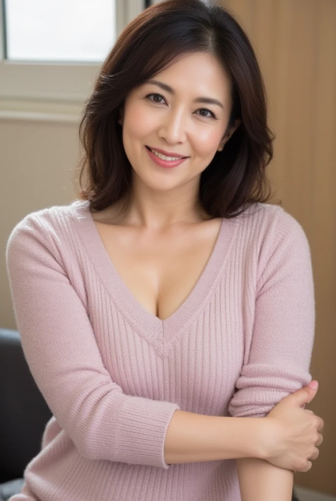 8k wallpaper, masterpiece, Highest quality, Super detailed, One Mature Woman, 50 years old, Become very clear, Wearing a short-sleeved knit, Skin dents, Captivating smile, Looking at the audience, Cleavage, plump, Curvaceous, Fascinating face, Smiling with teeth showing, I was happy, Sitting in a cafe, Background Blur