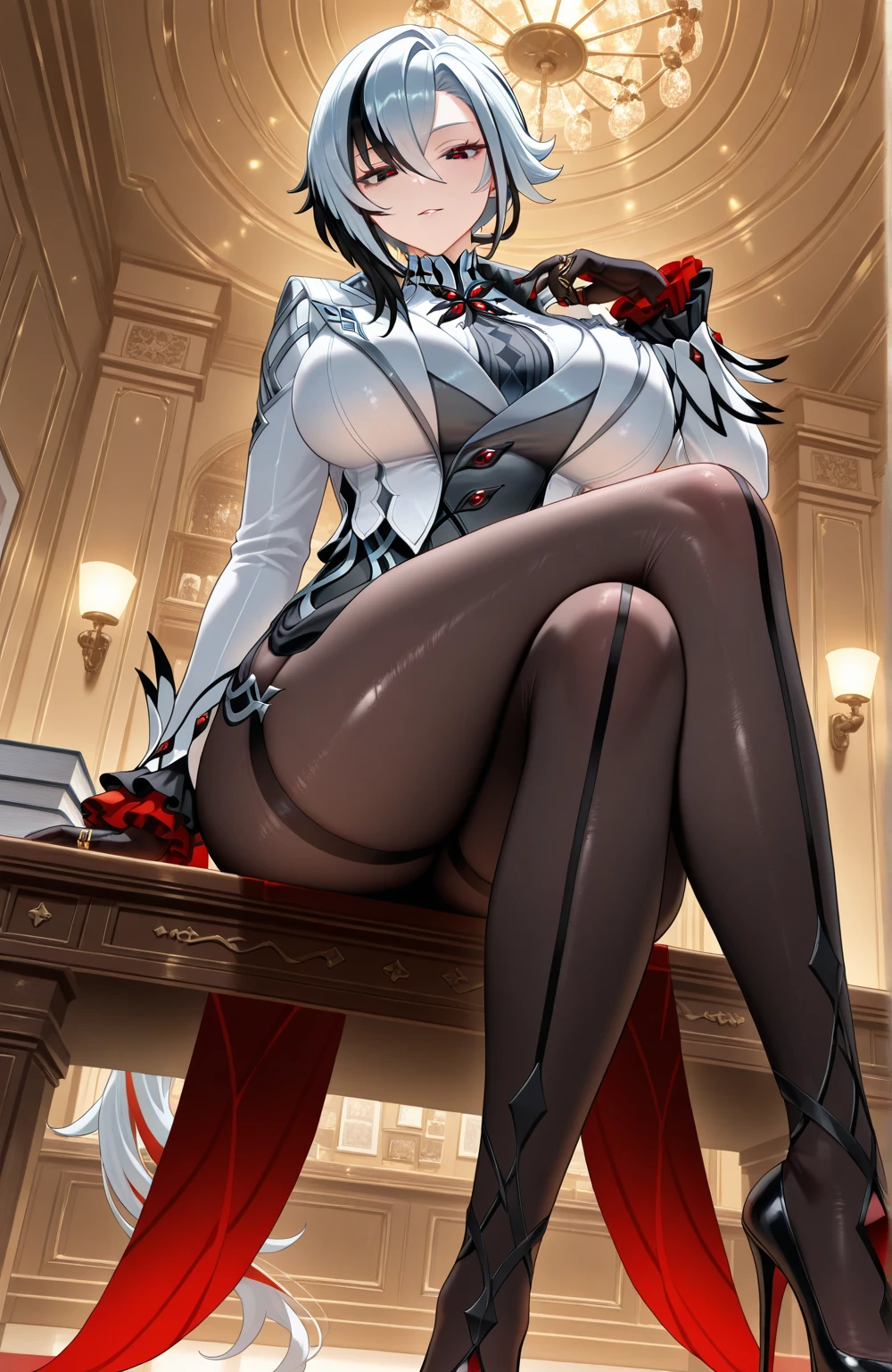 full body, solo, 1girl, looking at viewer, silver hair, long coat, short dress,corset, pantyhose,red eyes,long hair,
braid right side ponytail, mature female, (masterpiece), detailed hands, detailed eyes, beautiful face, beautiful eyes, perfect hands, looking at the viewer, left hand resting in her chest, right and posing, orange eyeshadow, shinny high heels,