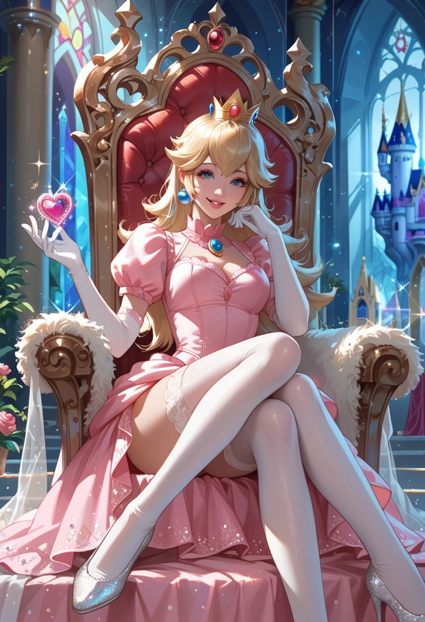 1 girl, Princess Peach, blonde hair, blue eyes, (frilly), gentle, gentle light, soft, soft light, delicate, jewelry, small breasts, (pink dress, white frilly thighhighs, petticoat), sweet, excited, (vagina)