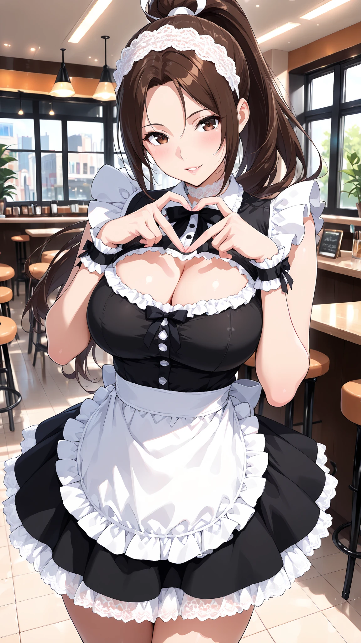 1girl, aster nemesis, ((dark-skinned)) , black hair, very long hair, yellow eyes, , twin tails, looking below, , , tanned body,, ,,,,,(spoken heart),(((maid costume))),miniskirt,thighhighs,,,smile,((huge breasts)),garden,,bikini top,walking,open mouth
