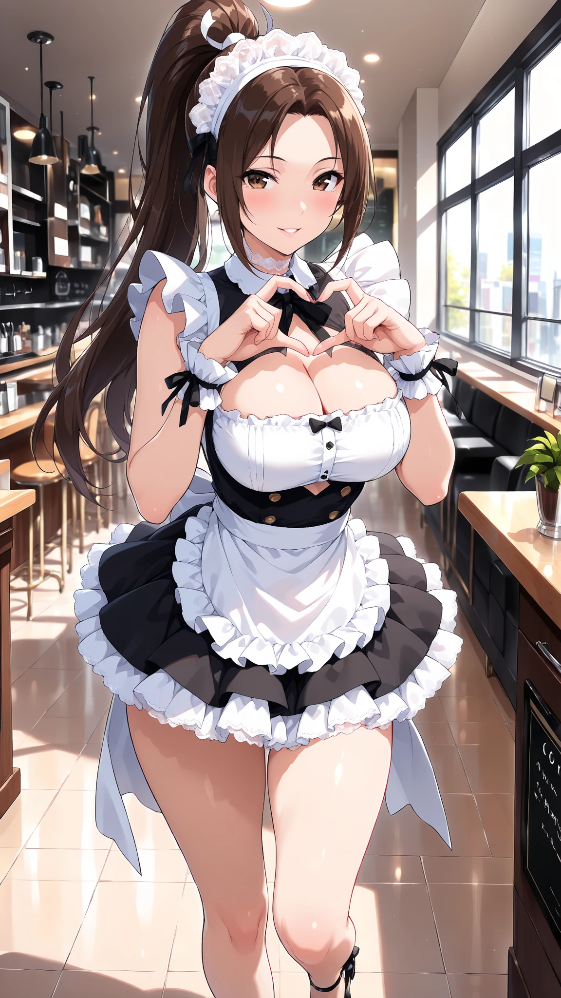 One Woman、beautiful girl、Maid、20-year-old、Bobcut、Western-style building、Maidの制服、Maidカチューシャ、Short skirt、Black Pantyhose、Highest quality, smile,Big Breasts、Very big boobs、Put your on the table、 sinking into the table、Put your boobs on the table、Bust up angle、Place breasts on table、Put your on the table、Place your chest on the table、Poses that emphasize the breasts、Sit on a chair