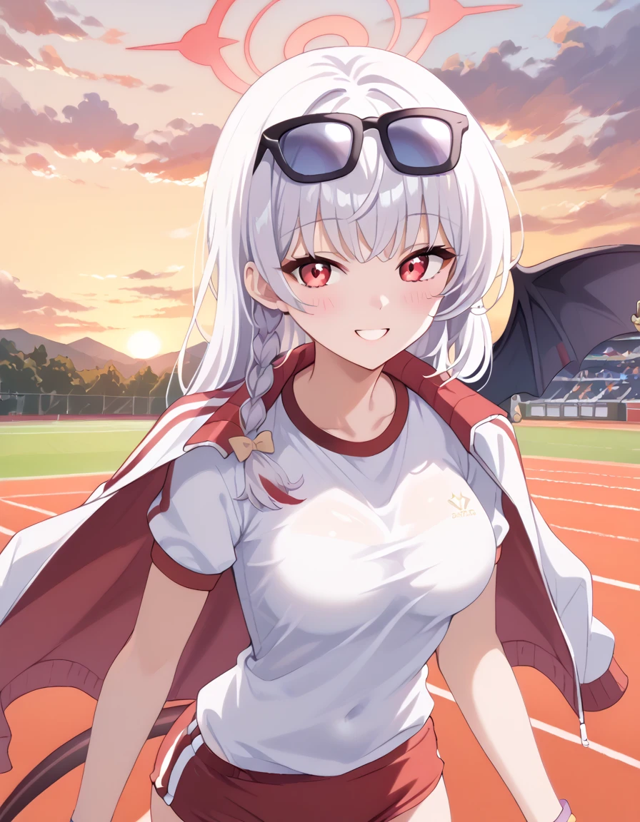 highly detailed, high quality, masterpiece, beautiful, anime style, score 9, score 8 up, source anime, best quality, amazing quality, very aesthetic, high resolution, ultra-detailed, newest, scenery, depth of field, scenery, high brightness, high contrast, (upper body, cowboy shot, pov:1.1), 
BREAK 
haruna \(blue archive\), white hair, long hair, bangs, single braid, albino, red eyes, (demon wings, single wing, demon tail:1.3), , halo, 
haruna-gym, gym uniform, sunglasses on head, track jacket, jacket on shoulders, gym shirt, white shirt, red buruma, red shorts, white socks, sneakers, 
(shiny skin:1.3), slender, curvy, wedgie,  smile, blush, 
BREAK 
outdoor, fantasy world, (evening, sunset:1.1), (sports ground:1.4) 
BREAK 
1 girl, solo, 