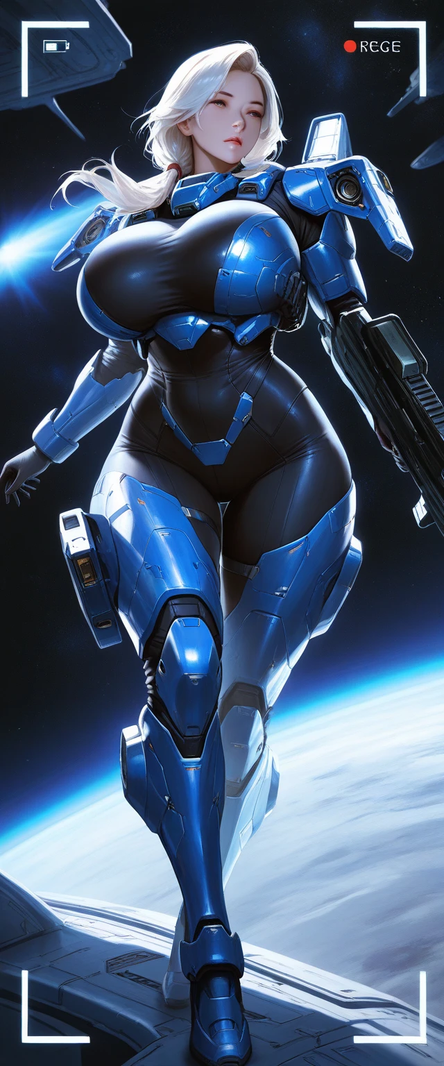 1girls，Female Star Warrior，Delicate and beautiful face，blushing face，Blue pupils，The lips open slightly，HAIR LOIRO，High ponytail，Busty boobs，Convex buttocks，Dressed in a blue bodysuit，High-tech combat boots，Armed with a firearm，Weapons of the future，perfectly proportioned，samus aran，Detailed clothing details，space station，Interstellar battlefield，High-tech scene，detailed backgorund，high quailty，master-piece，8K，