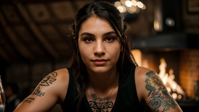A beautiful young woman who has a few black tattoos and is wearing a scarf 