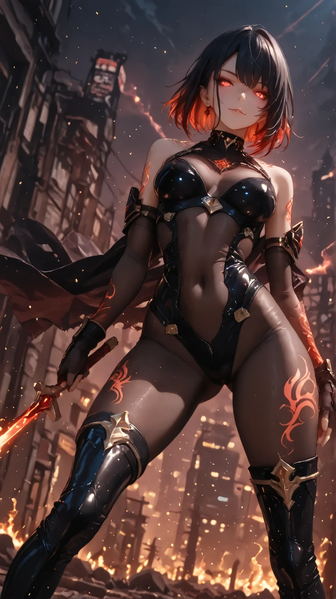  (finely best quality illustration:1.3), (kawaii girl:1.2), (1girl, solo:1)beautiful skin,beautiful eyes, Delicate facial expression. Facial expression with attention to detail. A seductive and immensely powerful dark heroine stands with overwhelming presence, exuding danger and allure. She has long, flowing black hair with crimson inner highlights, piercing eyes glowing with magical power, and a bold, knowing smile. Her outfit is a revealing dark battle suit: a black and crimson high-cut bodysuit with armored accents, exposed shoulders, open sides, and high-leg design that emphasizes her toned, feminine body. She wears thigh-high boots, fingerless gloves, and a ragged cape swirling with arcane energy. Her arms, legs, and midriff are partially exposed, adorned with glowing magical tattoos. Her pose is confident and provocative, one hand extended as if casting a spell, the other resting on her hip. Dazzling effects fill the scene: magical flares, holographic light trails, particles, and a radiant glow illuminating her from below. The background is a blurred, fiery cityscape or battlefield lit with flashes of crimson and violet energy, enhancing the divine, destructive beauty of her form.