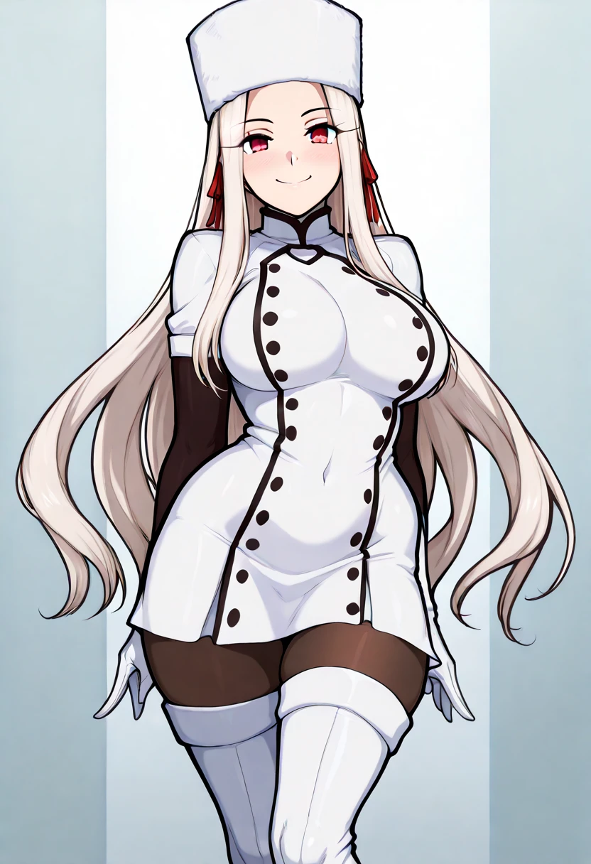moonika (doppleganger ai), cleavage curvaceous curvy curvy female elf elf ears elf female farmgirl hair over one eye hands on hips huge breasts looking at viewer overalls pale-skinned female revealing clothes shortstack tight clothing voluptuous voluptuous female white hair wide hips yellow eyes