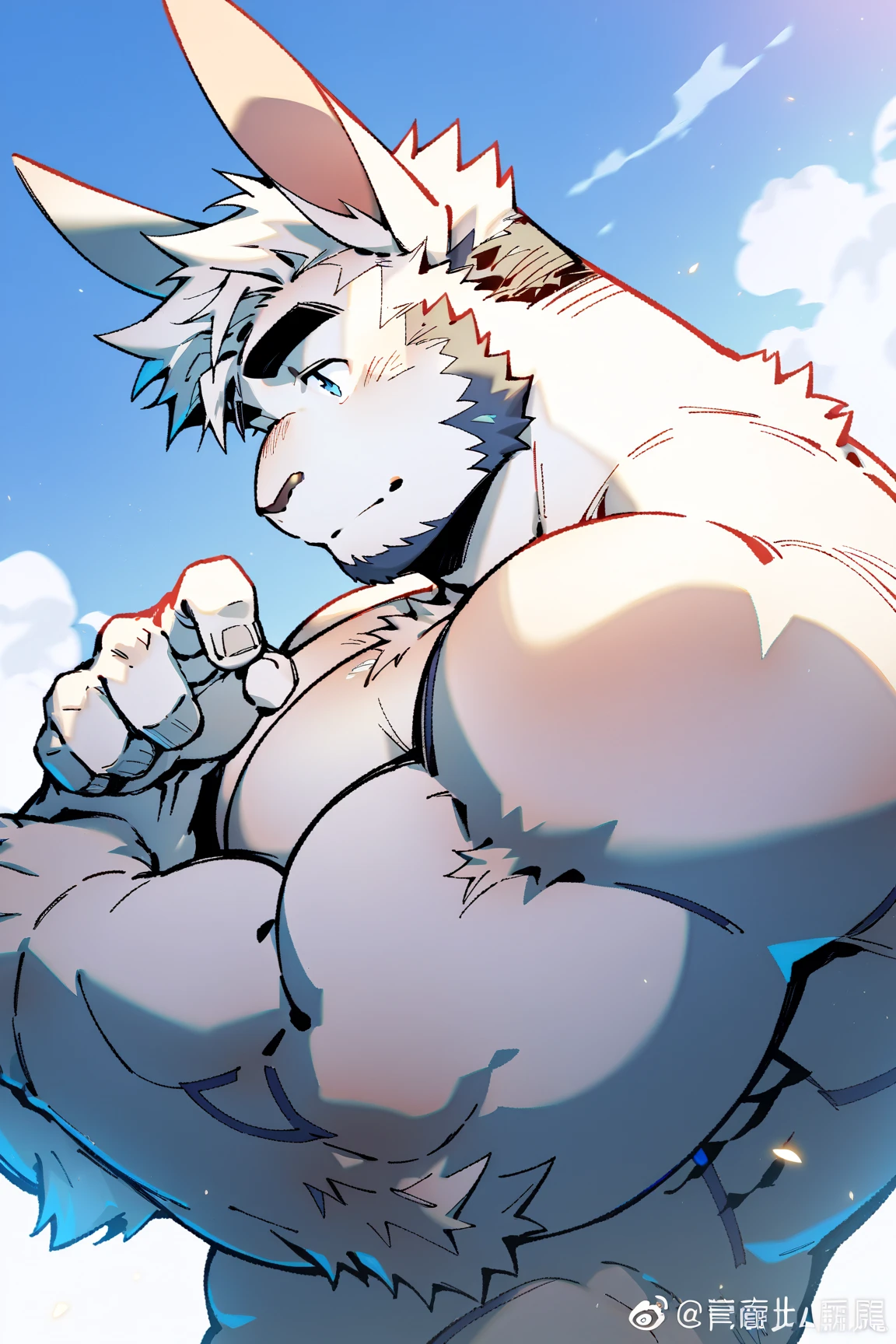 (masterpiece),(Very detailed),(best quality),hairy,Wolf,Dark black fur,white hair,Black eyebrows,Gray pupil,Muscular,(Japan samurai attire),((blue scarf)),((Brown headband)),((Hands together:1.3)),((Close your eyes)),(Pious),((Ultra HD close-up:1.4)),8K,(high quality),(Ultra high quality),(Super detailed),(Best Works)