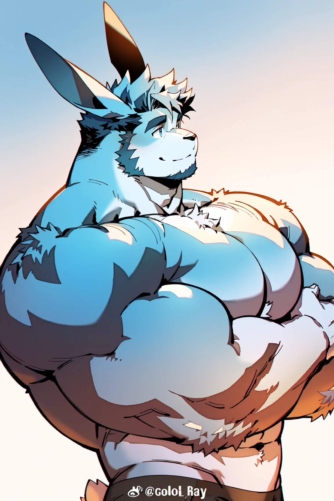Light blue colored bara dog, white countershade, white skin, large hairy pecs, strong physique, yellow markings, white hair with yellow strips samurai hair in ponytail, green colored eyes, blue sclera, very muscular, large belly, perfect anatomy, scars on body, full body view in frame, nipple piercings, solo, masterpiece, sexy pose, manly pose, beard, strong jaw, thick thighs, giant biceps, huge hairy pecs, muscular, large gut, smirking, smug expression, curly dog tail, macro, tall, incredibly huge, insane height, height difference, insanely tall, in a flower field, from above angle, top down angle, correct perspective, wearing thong, grin, amazing shading, full body, detailed hands, detailed eyes, detailed face, detailed arms,anthro, muscular, abs, (detailed:1.5), male, detailed background, by bozi, by zackary911, by SligarTheTiger
