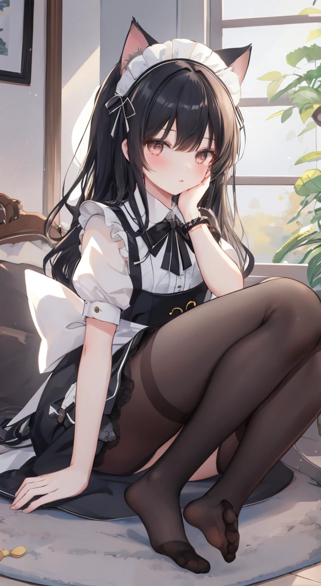 Highest quality, masterpiece, High resolution, (Head to Toe full body), front, frontやや下からの構図, Symmetric, Tall 18 year old girl, alone, (Head to Toe), (Small breasts), disheveled brown hair, bangs, (black tights), (Black Pantyhose), (Sit with your legs apart), (Crouching pose), (Composition showing white panties), (She has her legs spread and her white panties are visible.), (Sit on the floor with your legs spread), (M-shaped foot), Thin legs, とても美しくTall 18 year old girl, (No shoes), blush, Shy big eyes, Looking into the camera, Blazer uniform, Checkered Pleated Skirt、Megumin